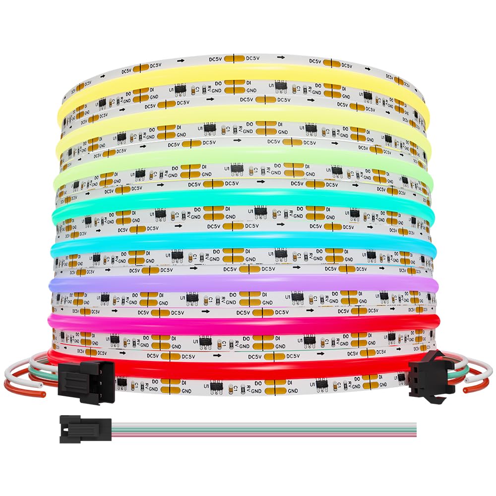 LOAMLIN DC5V Smart WS2811 IC RGB COB LED Strip 16.4FT/5M, 720LED/m 40IC/M 10mm Width High Density Uniform Chasing Color Light DC5V White PCB Flexible Tape Light(No Adapter or Controller)