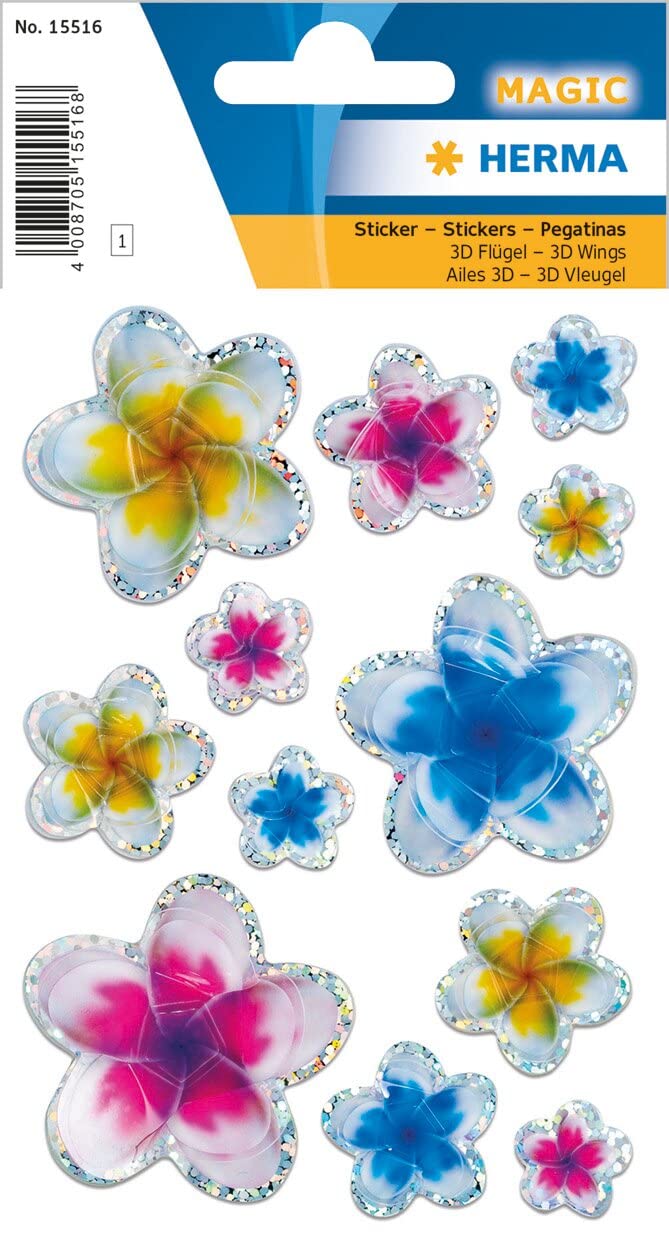 HERMA 15516 3D Stickers for Children, Summer Flowers (12 Stickers, Foil, Glossy) Self-Adhesive, Permanent Adhesive Motif Labels for Girls and Boys, Colourful