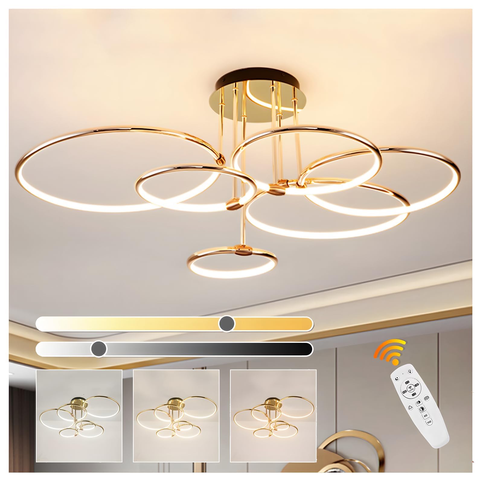 Led Gold Ceiling Light, 6 Round Ring Design/ Ø105cm Chandelier, 145W Stepless Dimmable, Creative Metal Electroplate Pendant, Modern Lamp For Bedroom Living Children Office Study Kitchen Hallway