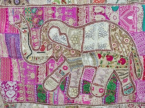 Image of Ekam Art Rajasthani Handmade Heavy Elephant Embroidery Cotton Patchwork Tapestry Cotton Wall Decor Hanging Beaded Tapestries Home Living Room Decor 40 x 60 Inch (Beige)