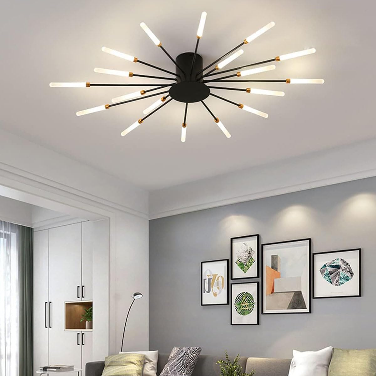 Bellastein LED Creative Fireworks Ceiling Light Modern Dimmable 42-Flame Recessed Ceiling Lamp 3000-6000K Remote Control Bedroom Living Room Dining Room Lamp (Black, 20 Lamp heads)