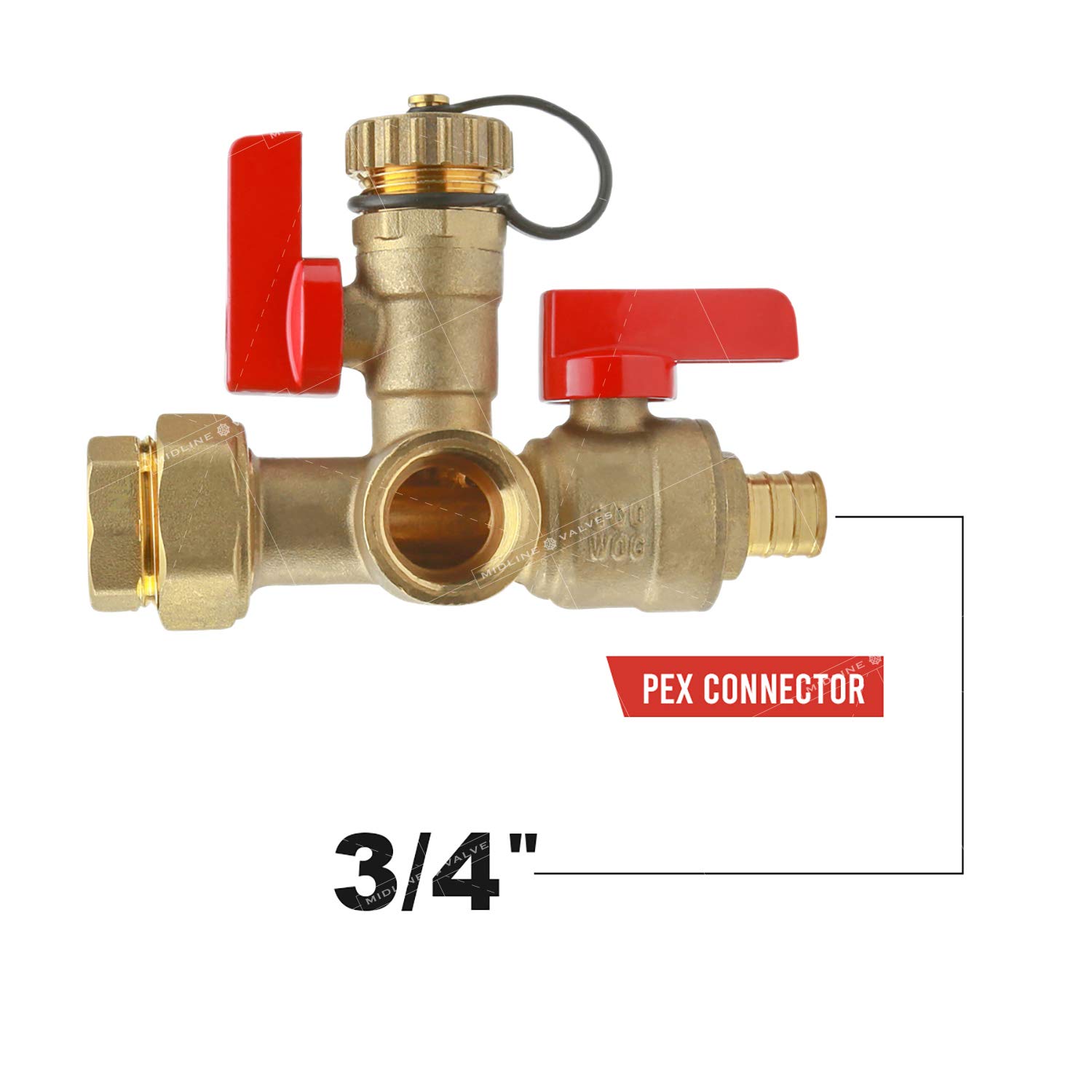 Midline Valve GUHW-JTP56-Q-MG Kit de calentador de agua sin tanque, juego de 2 válvulas de aislamiento de calor y frío resistentes con limpieza, latón forjado, 3/4 pulgadas Pex