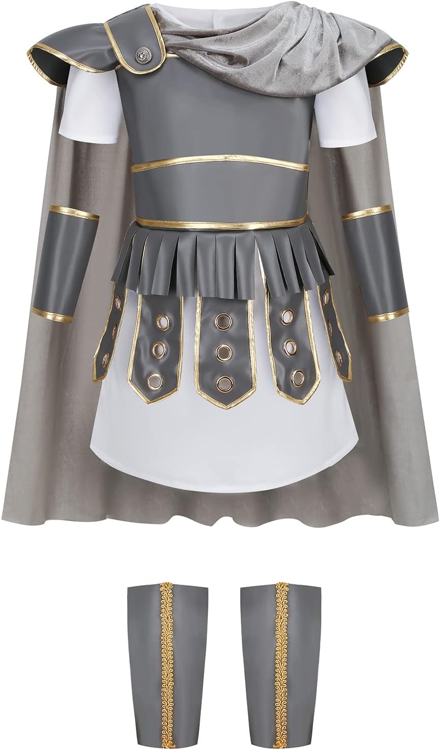 maxToonrain Roman Soldier Costume for Kids Centurion Gladiator Outfits Viking Medieval Historical Theme Role Playing Party - Includes Tunic, Armour, Cape, Arm and Leg Guards