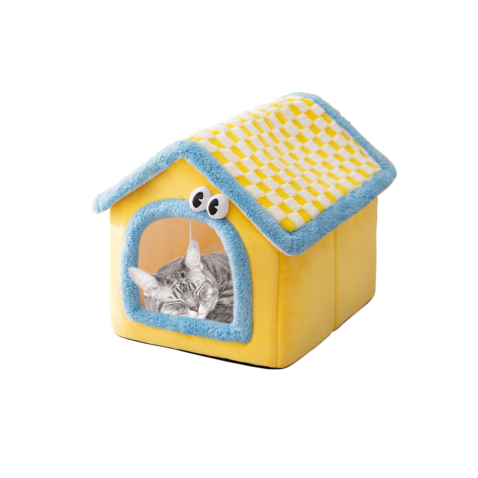 Galatée Casa para Gatos, Linda Cueva con Chimenea, Casa Suave con Dibujos Animados, Cálido Refugio para Gatos, Tienda De Campaña para Perros con Cojín Extraíble(L, Amarillo)