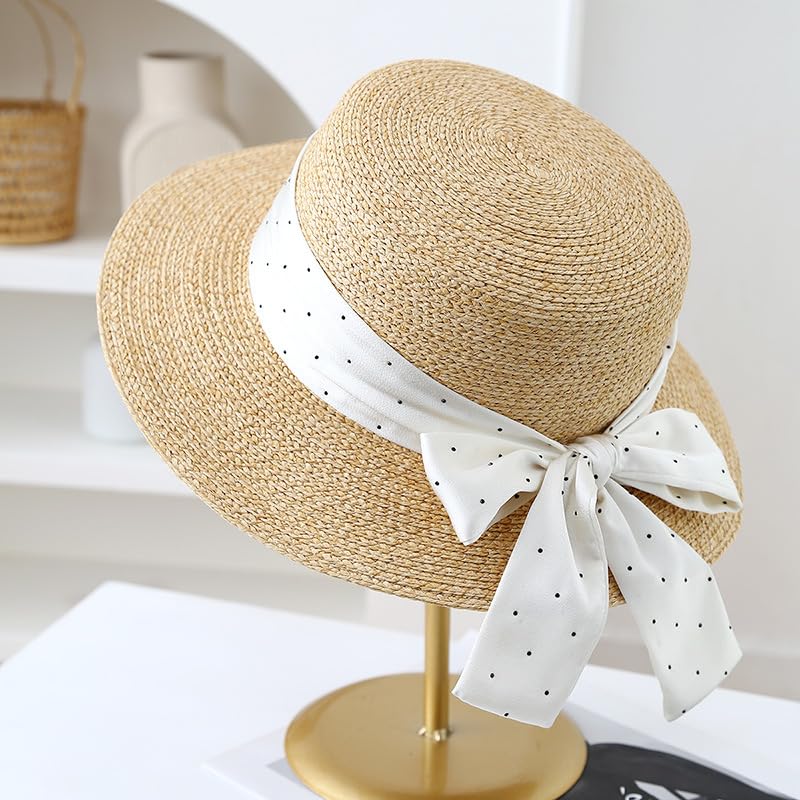 Sombrero de Paja de ala Ancha y Plana para Mujer,Ligero,con Lazo de Lunares de Satén,Transpirable,Resistente A Los Rayos UV,para Playa,para Caminar y Viajar