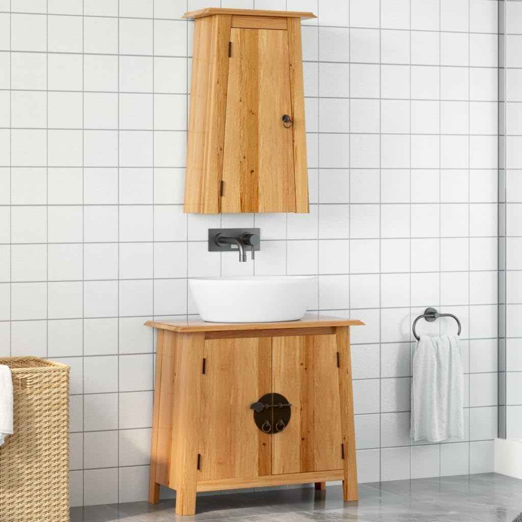 Bathroom Furniture Set Solid Pine Wood Medium Brown Retro Style with Sink Cabinet and Wall Cabinet Bathroom Vanity Combo Storage for Toiletries
