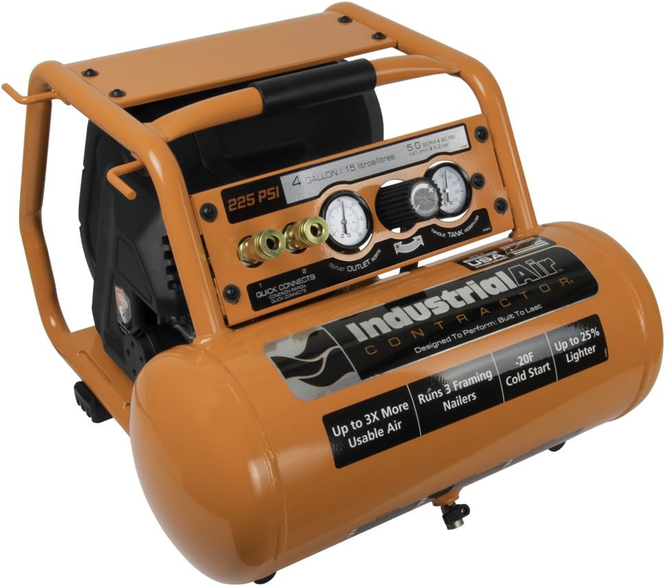 Contractor Pro Crew 4 Gallon Air Compressor, 225 PSI, Compact Roll Cage Design, Portable 55lbs Unit, Heavy-Duty Performance for Industrial Use, Efficient and Reliable