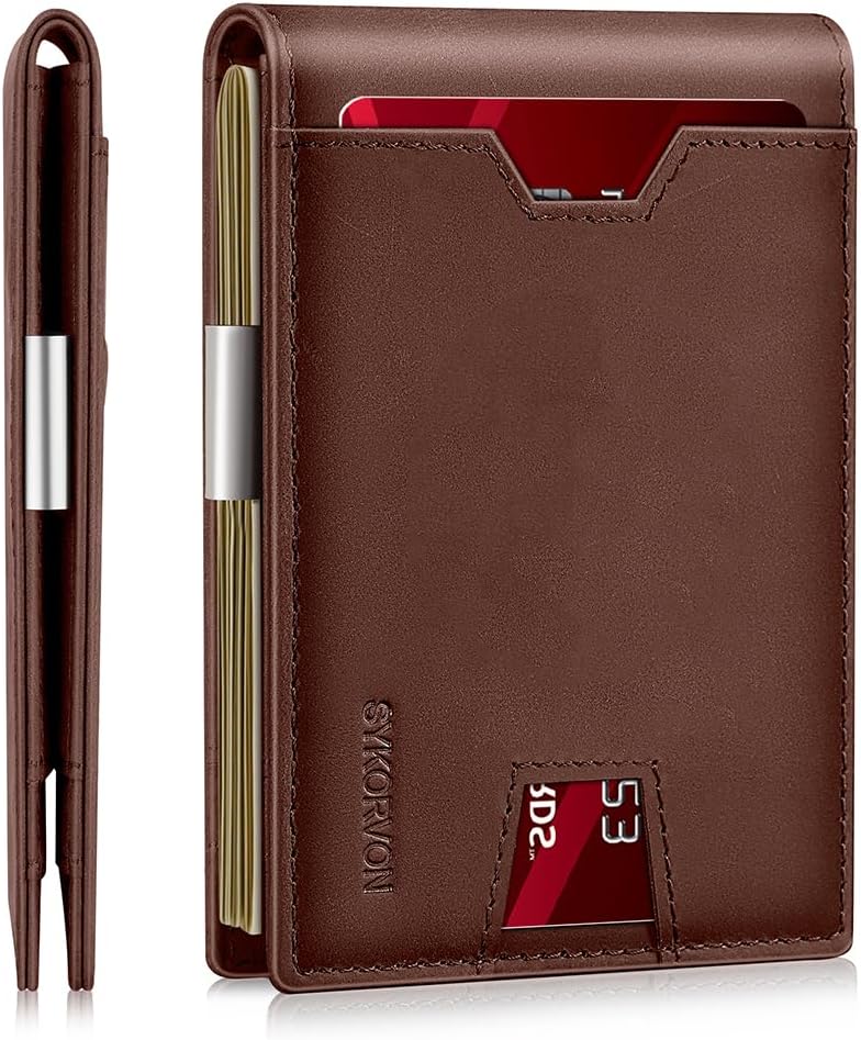 Genuine Leather Bifold Wallet for Men, Slim, RFID Blocking Card Holder Wallet, Minimalist Front Pocket Mens Wallet with Money Clip, ID Window, Brown, Minimalist