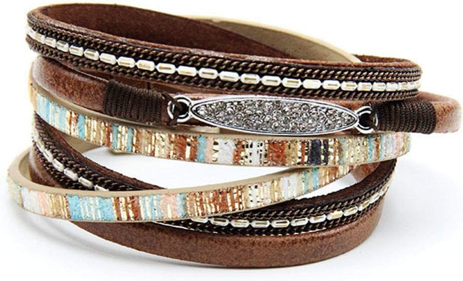 TGLS Women Sparkling Multi-layered Leather Bracelet Stackable Wristbands Wrap Bracelets