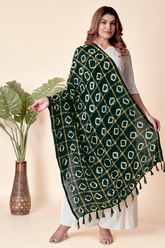 Image of Women Bandhani Dupatta | Traditional Chunri Print with Decorative Border | Lightweight Ethnic Stole for Festive and Wedding Wear