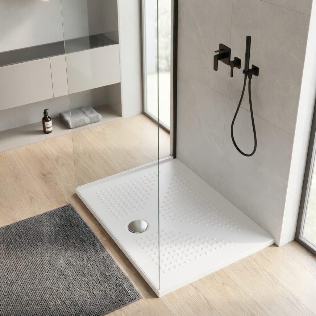 Kiamami Valentina Piatto Doccia 70x90 Rettangolare Ceramica Bianca H3 cm | Superficie antiscivolo, installazione filo pavimento, 3 lati smaltati, scarico 90 mm, piletta esclusa