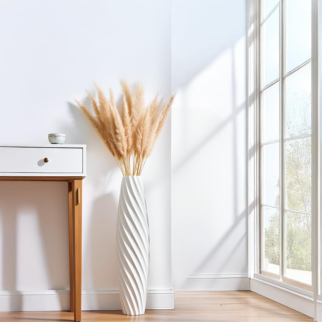 Tall Floor Vase, 23.6 inches Tall Vases Sturdy, Luxury, Textured for Decorative Branches Dried Flowers, Floor Vase for Rustic, Living Room, Shelf Decor (White)