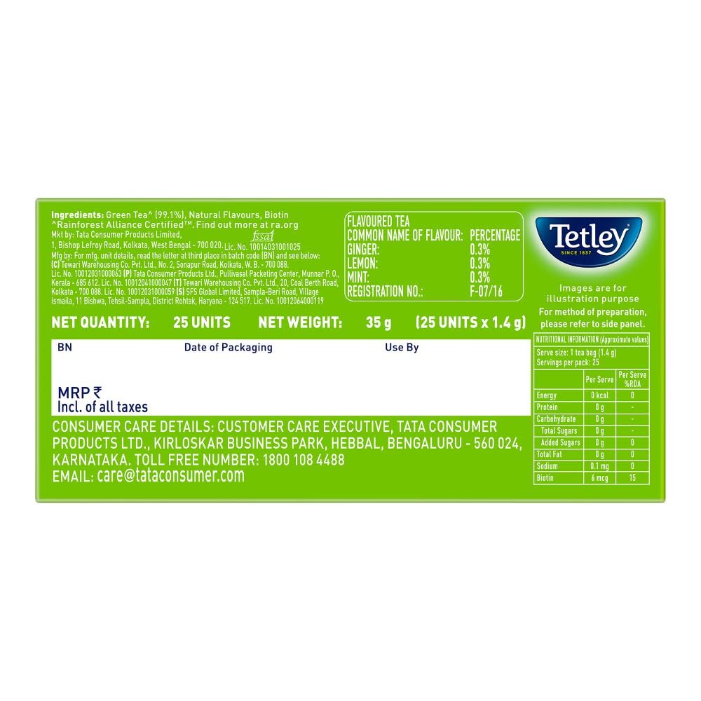 Tetley Green Tea Beauty Care, With Added Biotin, Supports Hair and Skin, 0 Calories, Natural Ginger, Mint and Lemon Flavors, 25 Sachets (1.7 g each) 4