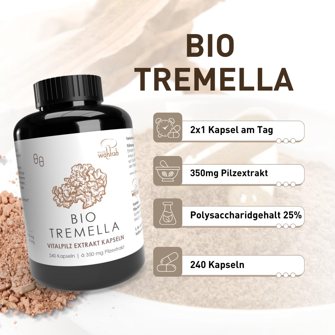 Bio Tremella Extrakt Kapseln, 240 Kapseln à 350 mg Tremella Pilz Extrakt je Kapsel. Mit Acerola Vitamin C, Vitalpilze Extrakt - 1 Dose - Nahrungsergänzungsmittel