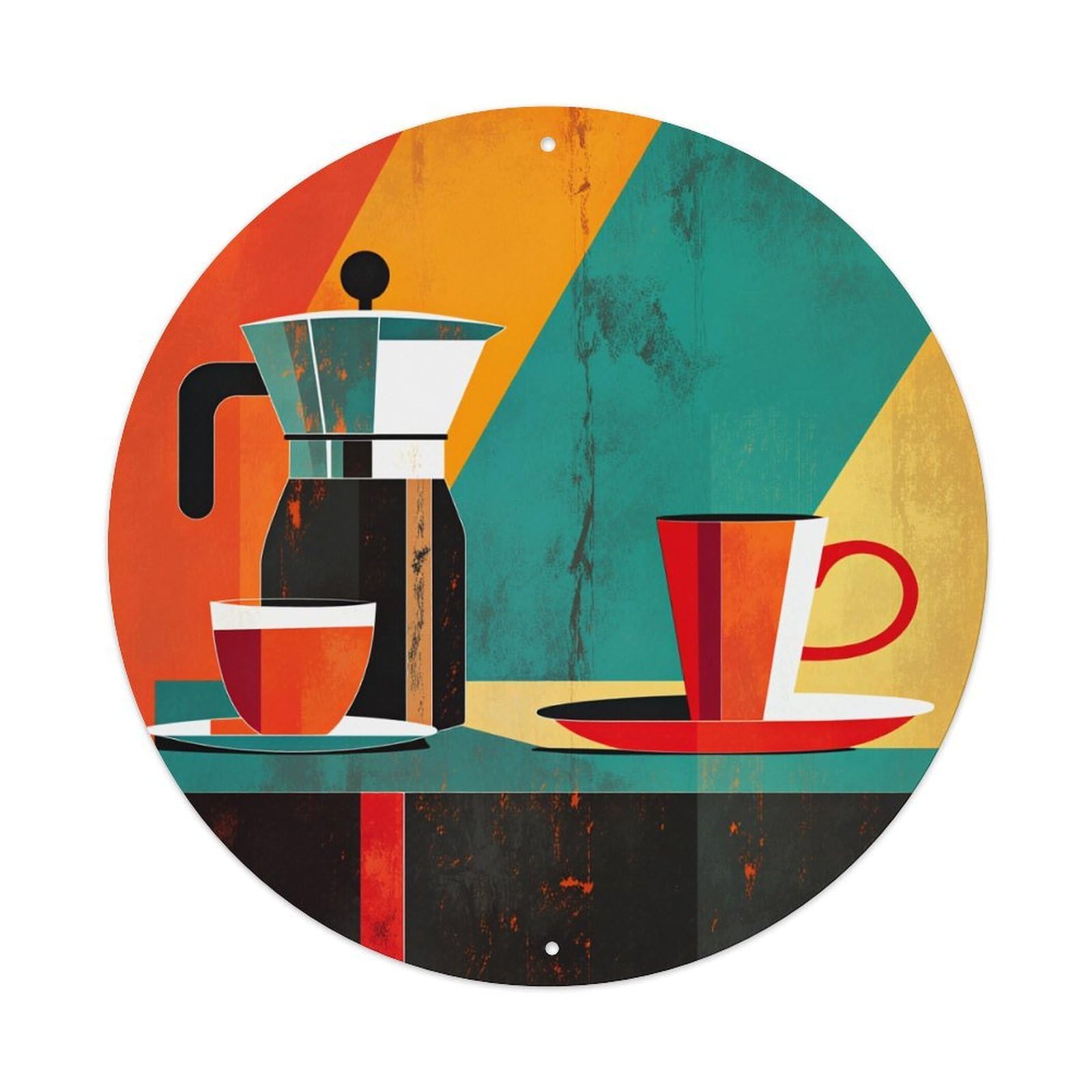 Geometric Coffee Art Design Pattern Round Tin Sign Vintage Style Metal Sign Home Bar Garden Wall Plaque Decor Metal Poster 8x8 Inch