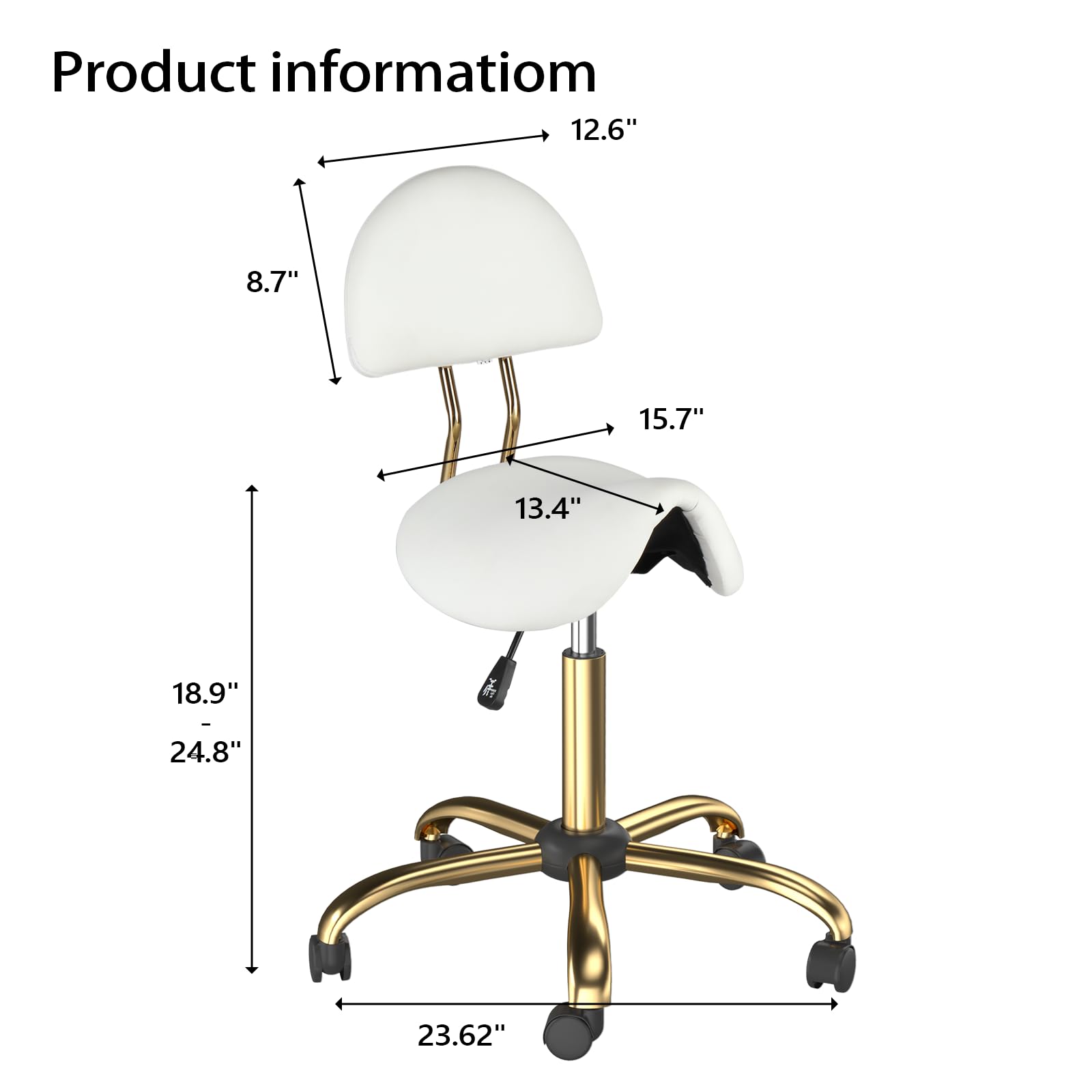Bonnlo Tabouret de Selle, Tabouret à roulettes Réglable en Hauteur, Tabouret de Bureau Rotation à 360°, Revêtement en PU (Blanc + Or, avec Dossier (66P x 66l x 91H cm))