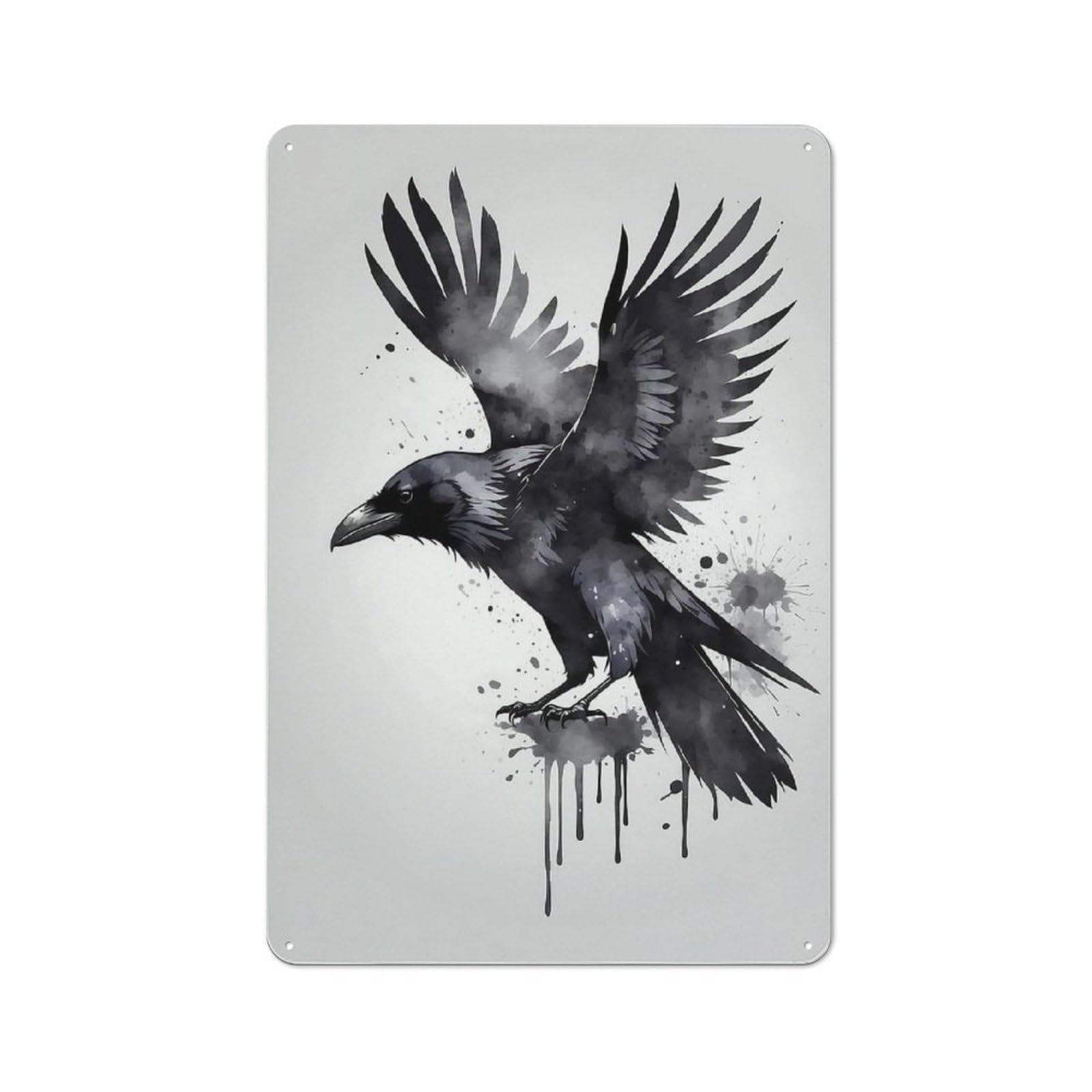 Junmoney Watercolor Raven With Spread Wings Decorative Tin Sign 30X20cm, Old Fashioned Vintage Wall Decor For Lounge, Study, Pub Or Wall Gallery