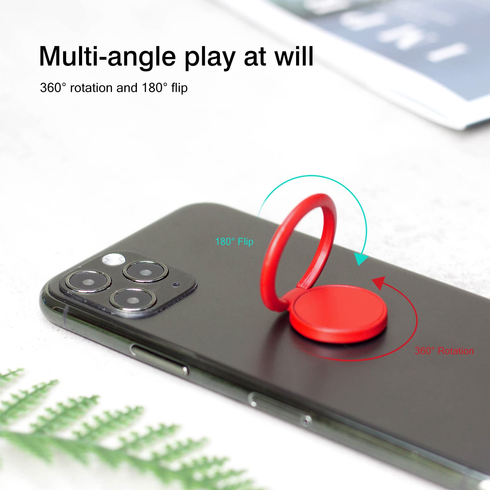 [Confezione da 2] Supporto ad anello per telefono cellulare con finitura opaca, rotazione di 360 gradi e anello regolabile a 180 gradi con impugnatura in metallo satinato (rosso)