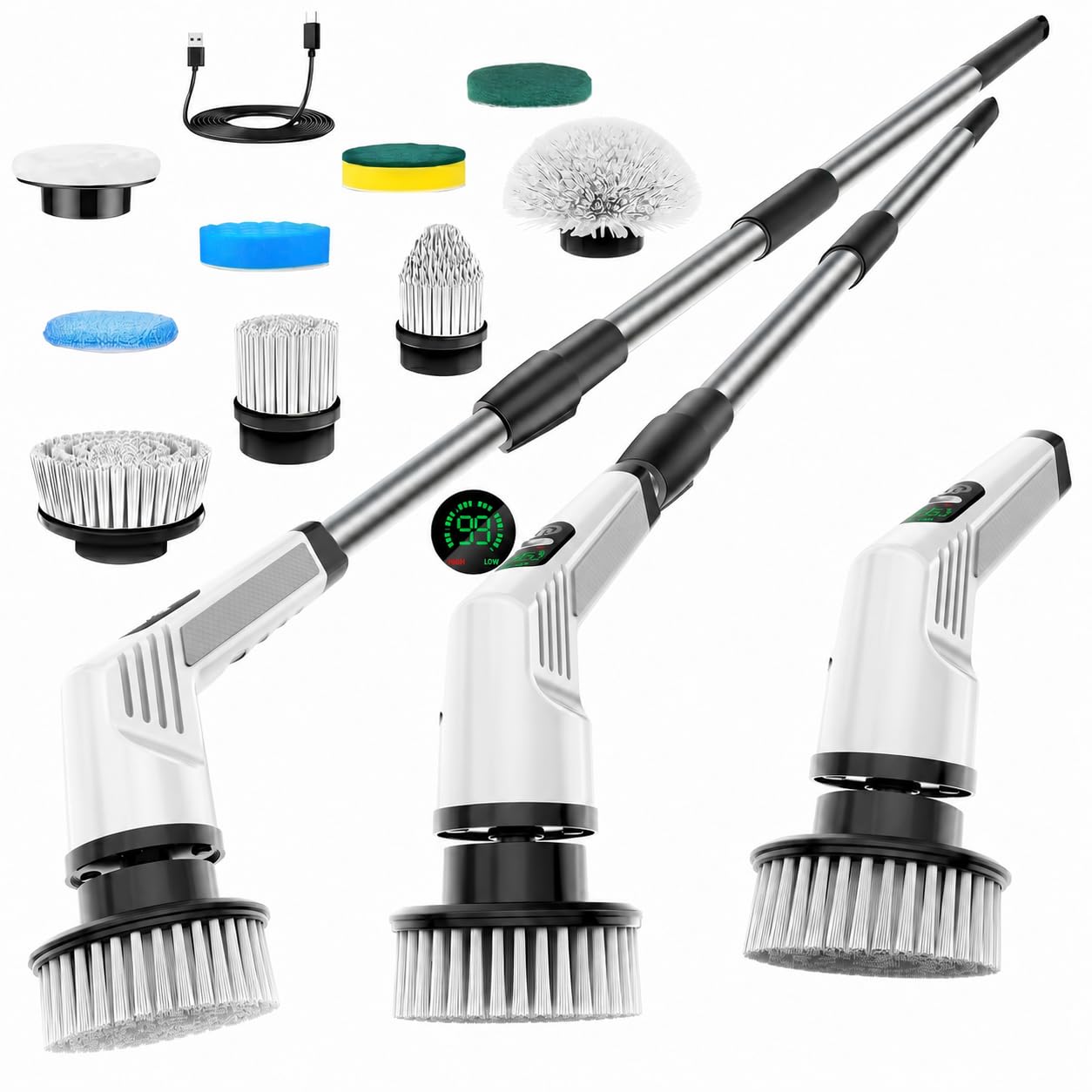 Electric Spin Scrubber, Cordless Electric Cleaning Brush with 9 Replaceable Heads, 450RPM Power Floor Scrubber, Adjustable Long Handle, LED Display Bathroom Cleaning Brush for Tile Kitchen Car