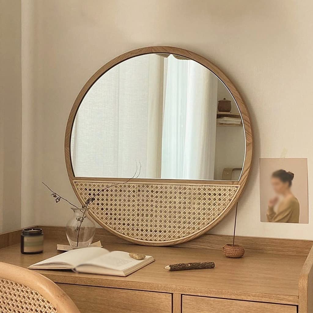 Espejo Redondo De Pared Con Marco De Ratán - Diámetro 40 Cm, Estilo Rústico Natural, Ideal Para Salón, Entrada O Baño, Incluye Soporte Y Clavo Sin Huella