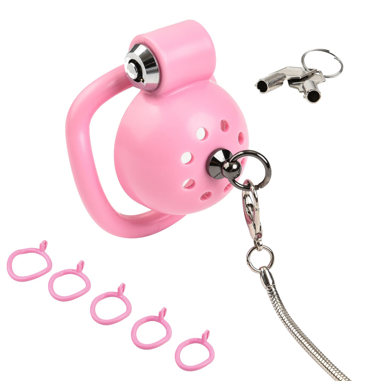 Jaula de castidad para hombres con 5 anillos para el pene y cuerda para tirar, jaula de castidad de cabeza redonda de ABS con orificios de ventilación para el pene SM Bondage Sex Toy (Pink)