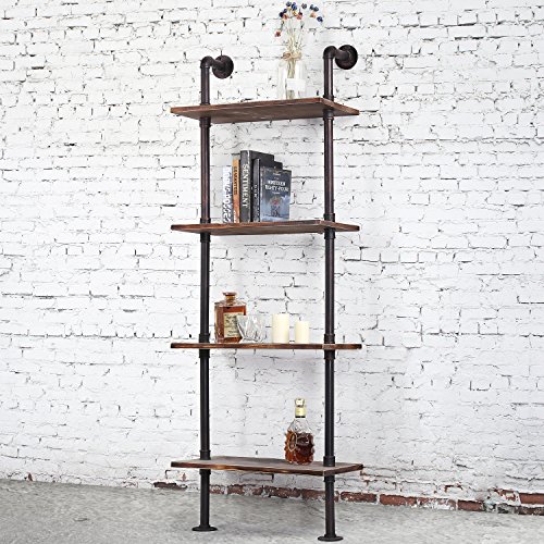MyGift 4-Tier Brown Wood & Industrial Style Metal Pipe Wall-Mounted 26-Inch Wide Shelves/Bookcase Utility Storage Rack