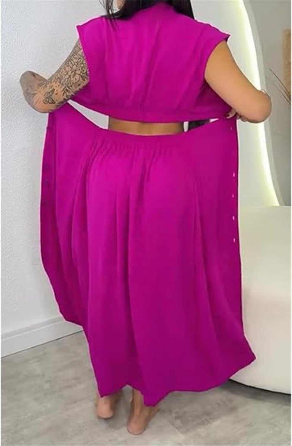Women's Round Neck Button Dress, Short-Sleeved Ruffled Slit Dress with Cutout Design at the Waist and Sides;