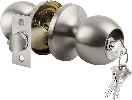 BESTTEN Pomo para puerta de entrada con llave con cerradura, cerradura de puerta interior y exterior, bola estándar, níquel satinado
