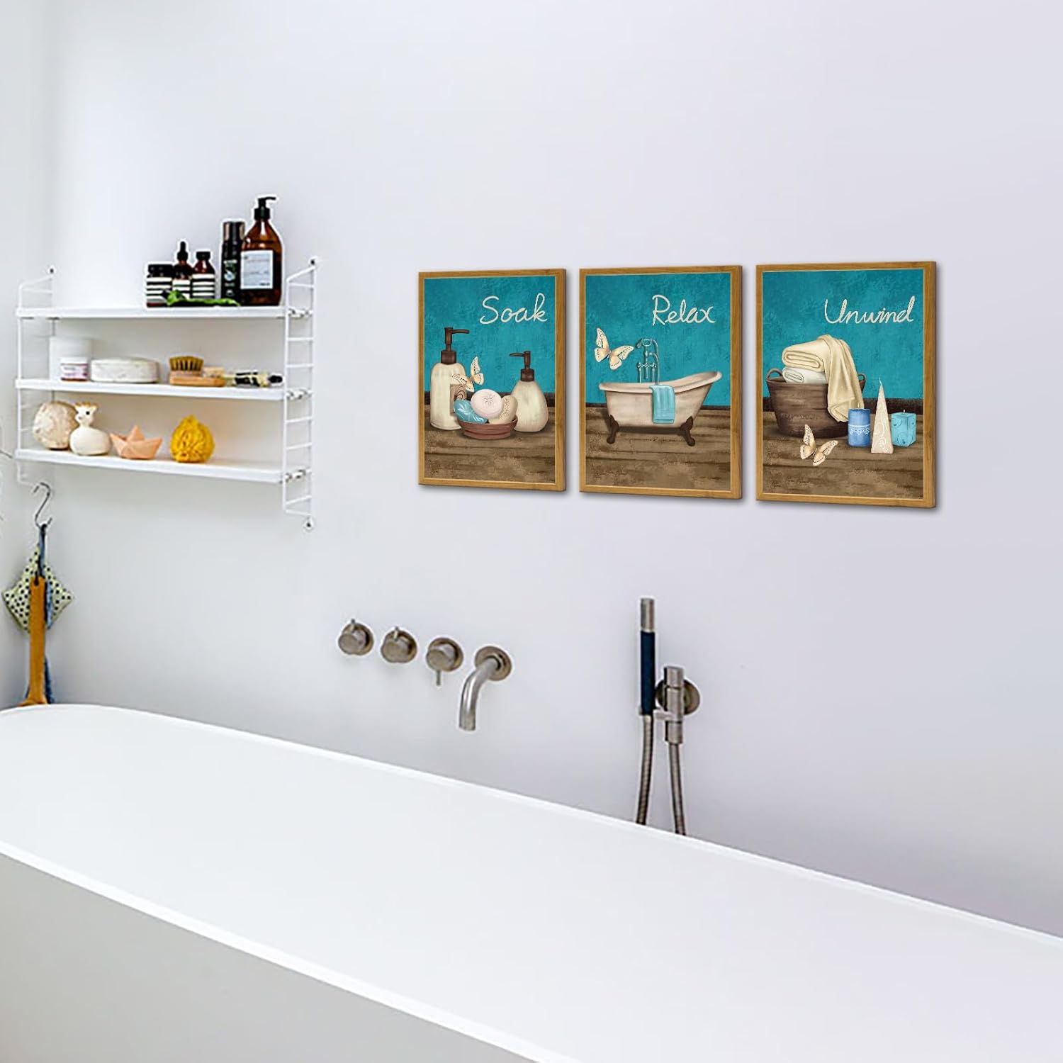 RyounoArt Teal and Brown Bathroom Decor Spa Pictures Wall Art Soak Relax Unwind Canvas Painting Prints Framed 12 * 16 inches each piece