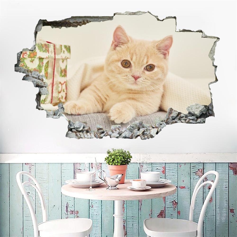 Pegatinas De Decoración De Pared 3D, Gato Calcomanías De Suelo De Vinilo Impermeables Extraíbles Arte, Animales Bonitos Calcomanías De Mural De Pared Rotas Para Niños Dormitorio 120x80cm