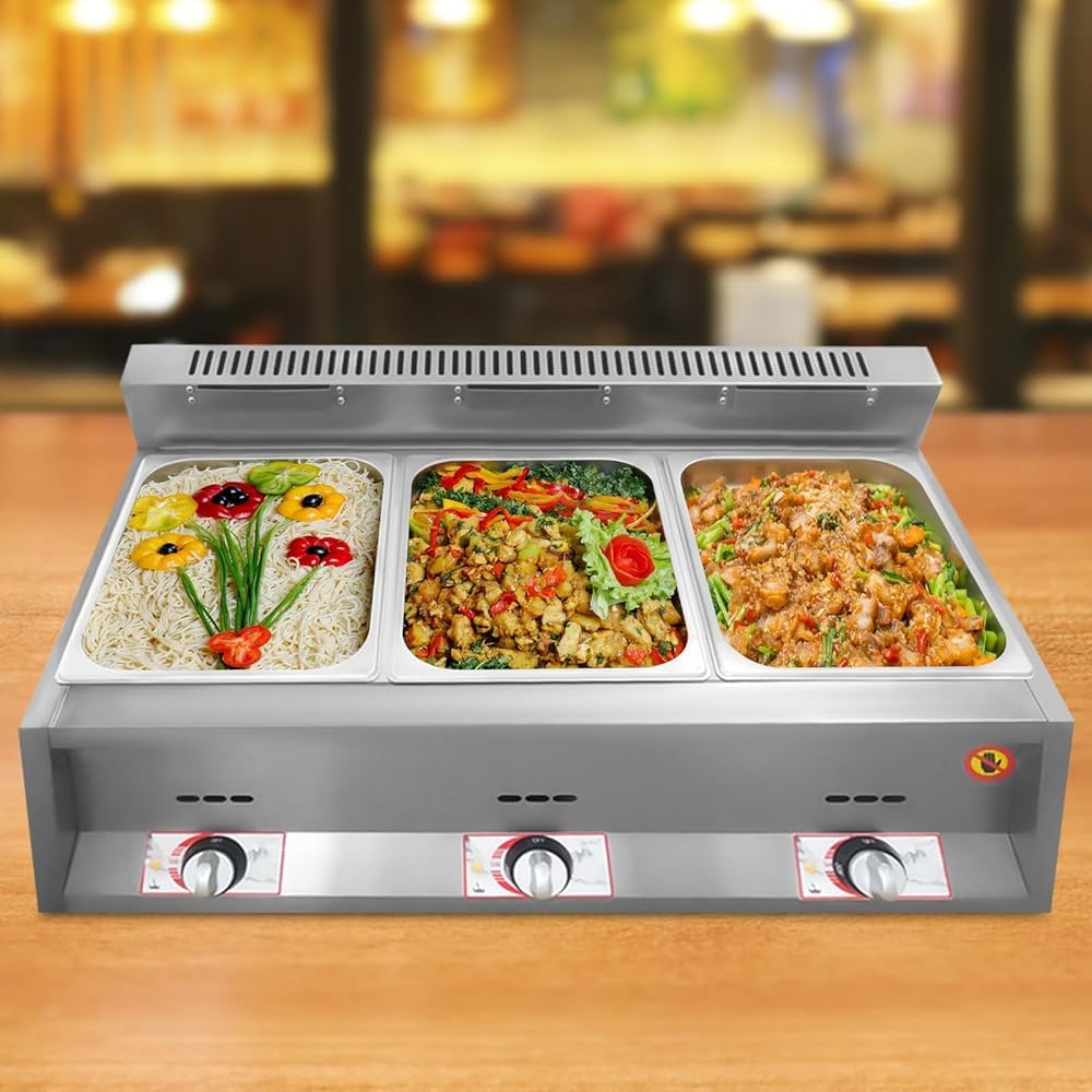 Chauffe-aliments à gaz, friteuse commerciale en acier inoxydable avec température réglable pour la restauration – 3 poêles avec couvercles, design de comptoir