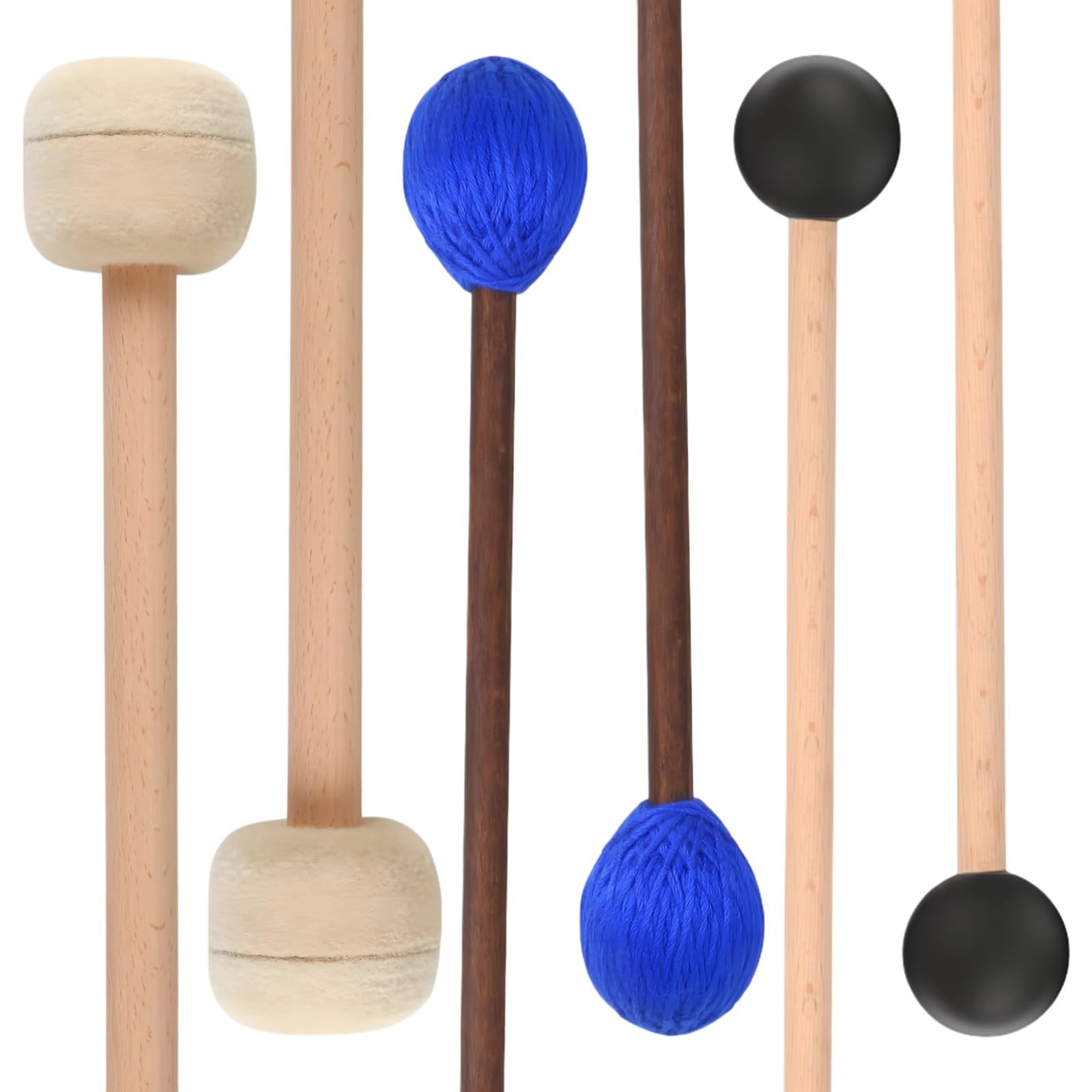 Set di 6 mazzuole per xilofono con manici in legno, teste in gomma e lana, ideali per marimba e timpani