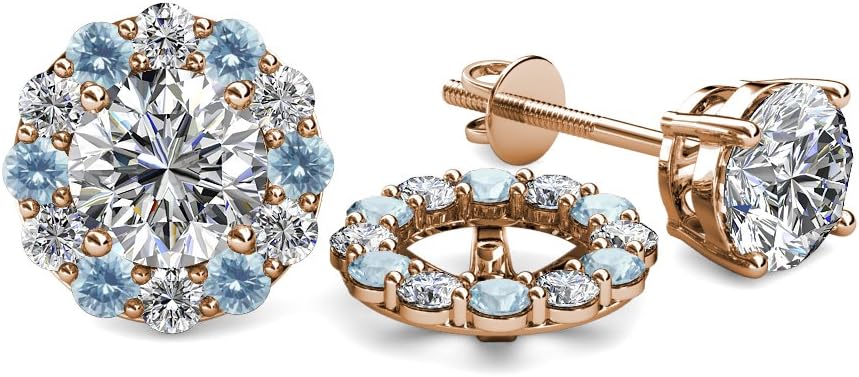 Natural Diamond & Aquamarine 0.76 ctw Women Halo Jackets for Stud Earrings 14K Rose Gold