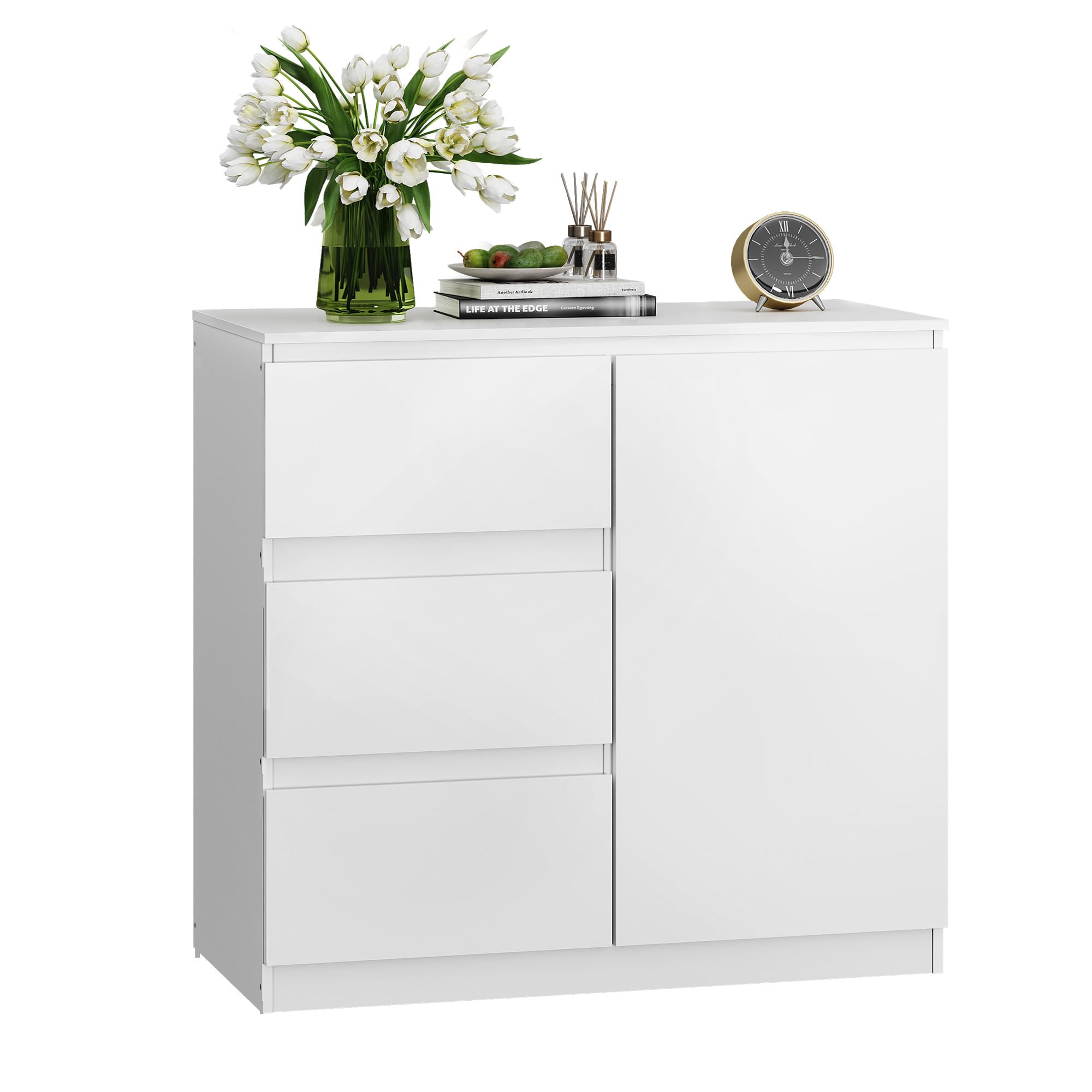 WLIVE Storage Cabinet, Chest of Drawers with 3 Drawers, Buffet Table, Kitchen Floor Cabinet Side Storage Cupboard with 1 Door, Drawer for Dining Room, Living Room,Hallway, White