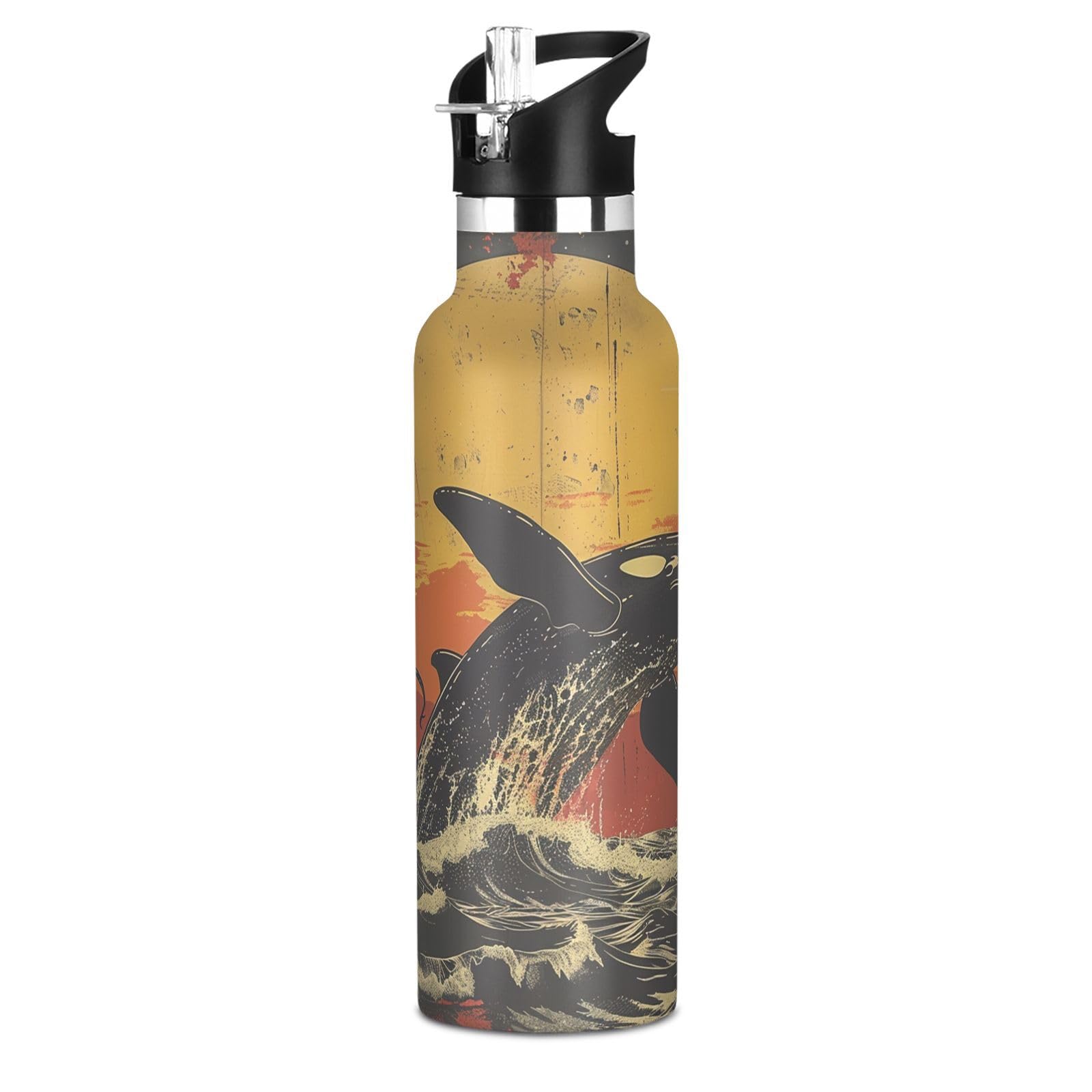 Kaaviyo Boys Pattern Orca Jumping Red Sunset Ocean Water Bottle Stainless Steel Jug Insulated Vacuum Cup For Girls(600Ml)
