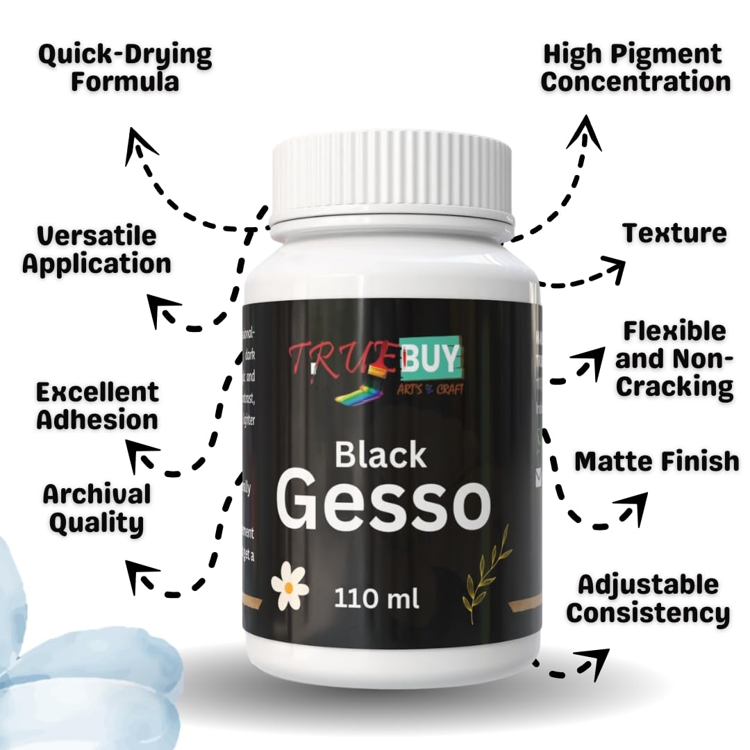 TrueBuy Black Gesso 110 ml | High-Coverage Primer for Artists | Suitable for Mixed Media, Canvas & Wooden Surfaces