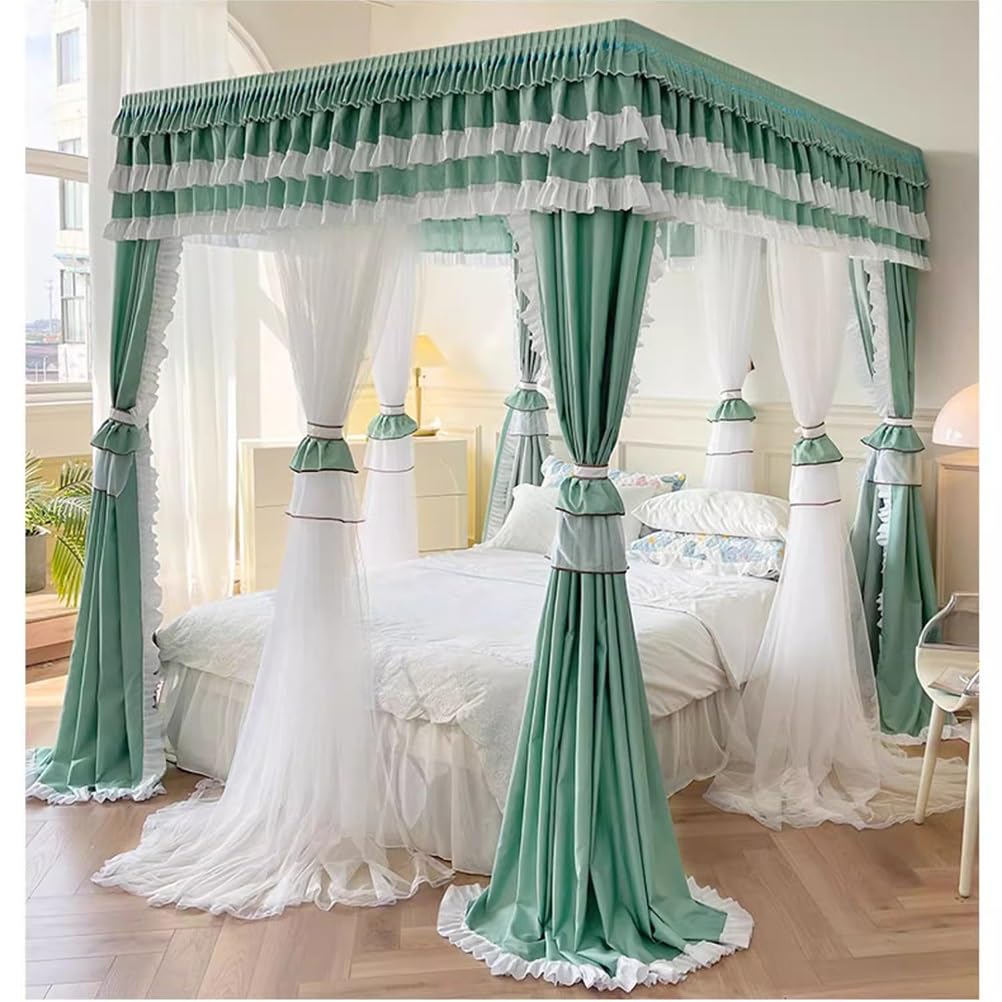Betthimmel mit 4 Eckpfosten und Rüschenrand, Moskitonetz, romantischer dekorativer Bettvorhang für das Schlafzimmer im Prinzessinnenzimmer von Mädchen, mit Metallstütze (Farbe: Grü