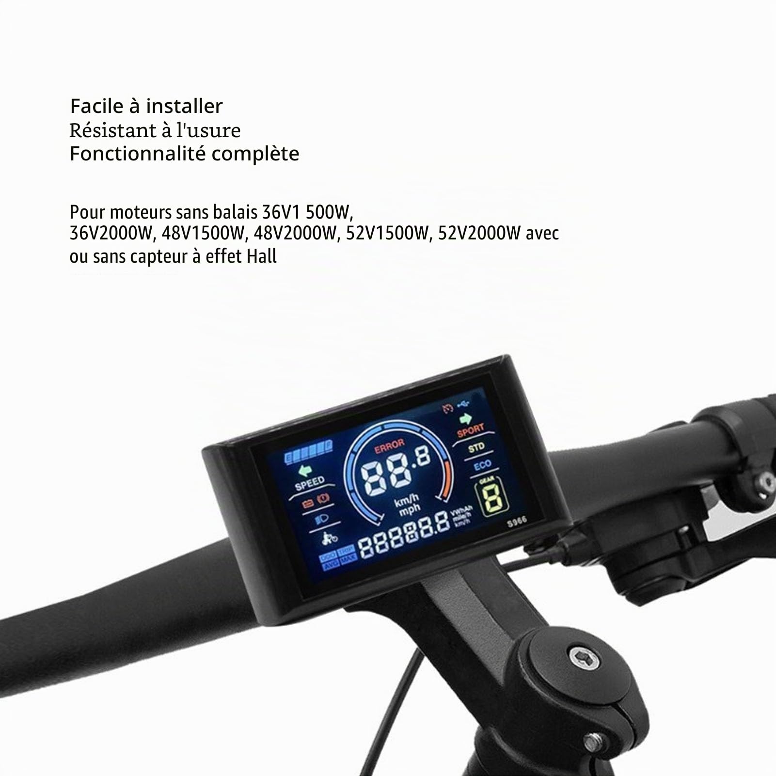 BuyWeek Kit de Contrôleur de Moteur sans Balais de Vélo Électrique, 36V 48V 52V 1500W 2000W 40A 3 Mode Contrôleur d'onde Sinusoidale avec Panneau d'Affichage LCD Couleur S966
