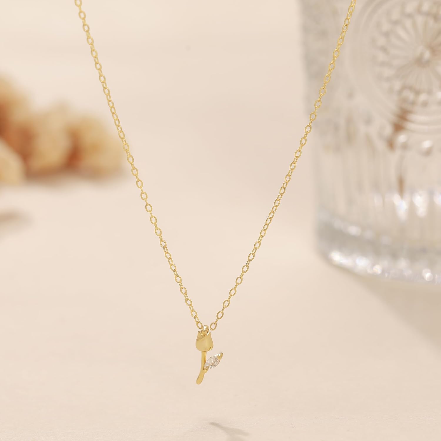 925 Sterling Silver Dainty Chalcedony Tulip Pendant Necklace for Women 14K Gold Plated Cute Lily Flower White Green Cubic Zirconia Leaf Necklaces to Daughter Choker Chain Valentine's Day Gift - Image 6