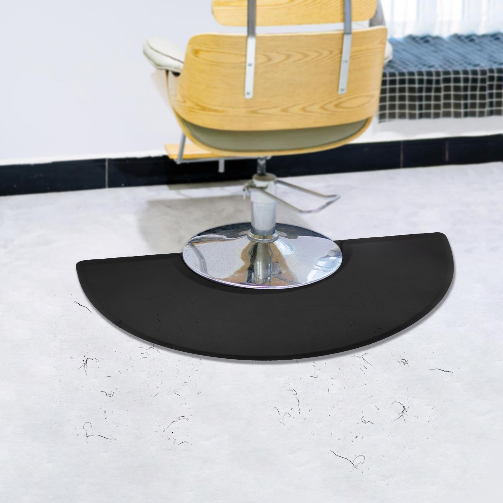 Tapis de coiffeur 90 x 150 cm, demi-cercle antidérapant et imperméable, épaisseur de 18 mm, tapis ergonomique contre les douleurs au dos et aux jambes, pour salon de coiffure, facile à nettoyer (noir)