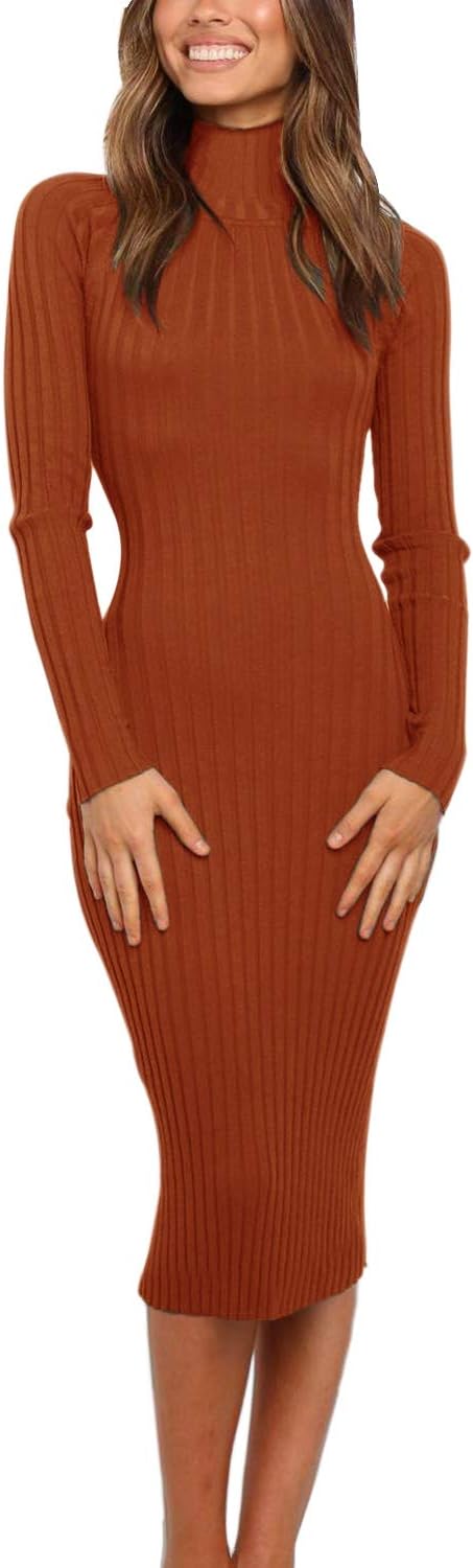 MEROKEETY Women's Long Sleeve Sweater Dress 2025 High Neck Slim Fit Ribbed Knit Midi Winter Dresses