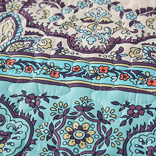 Djy Boho Quilt Set Queen Bohemian Floral Pattern Quilt Coverlet Purple Stripe Boho Quilt With 2 Pillow Shams Soft Micorfiber Boho Lightweight Bedspread For All Season (3 Pieces, 90"X96") #TOP5