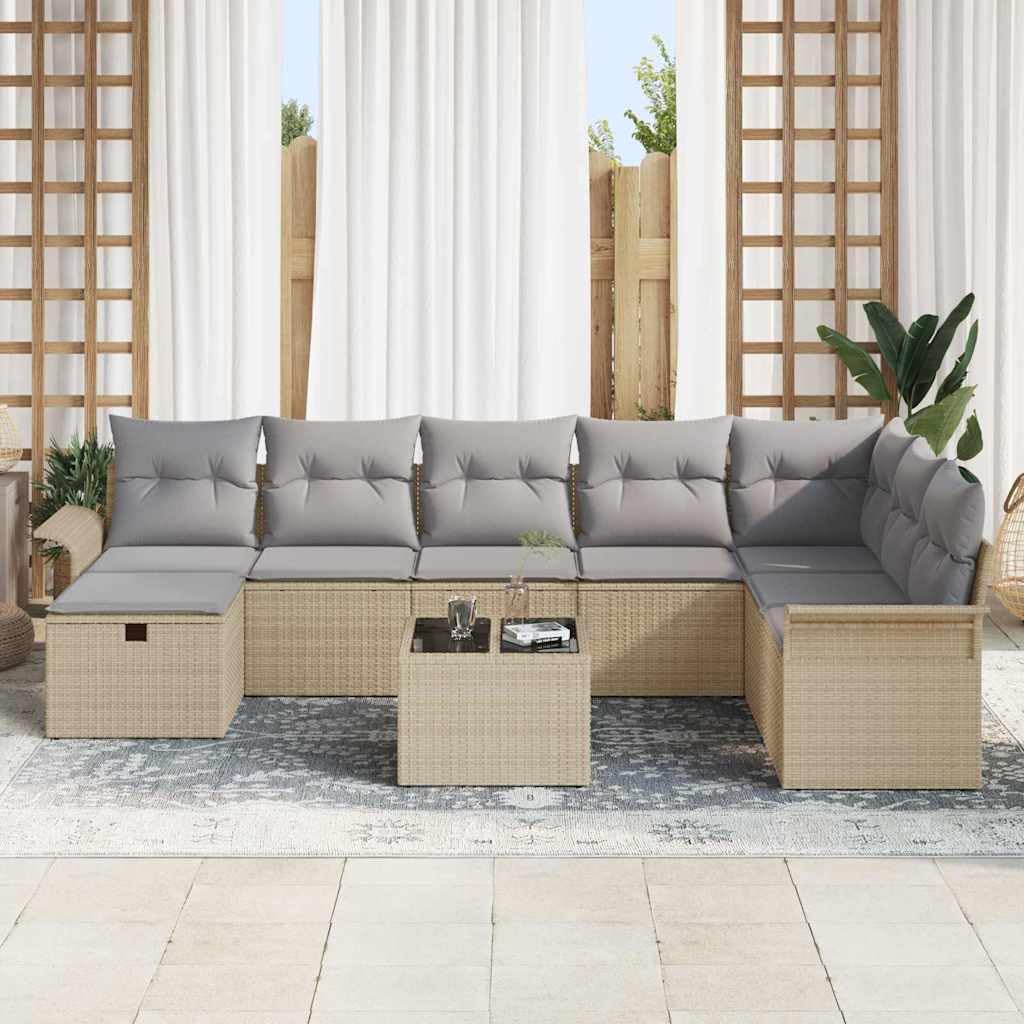 Set di divani da giardino in polyrattan, 9 pezzi, beige e grigio