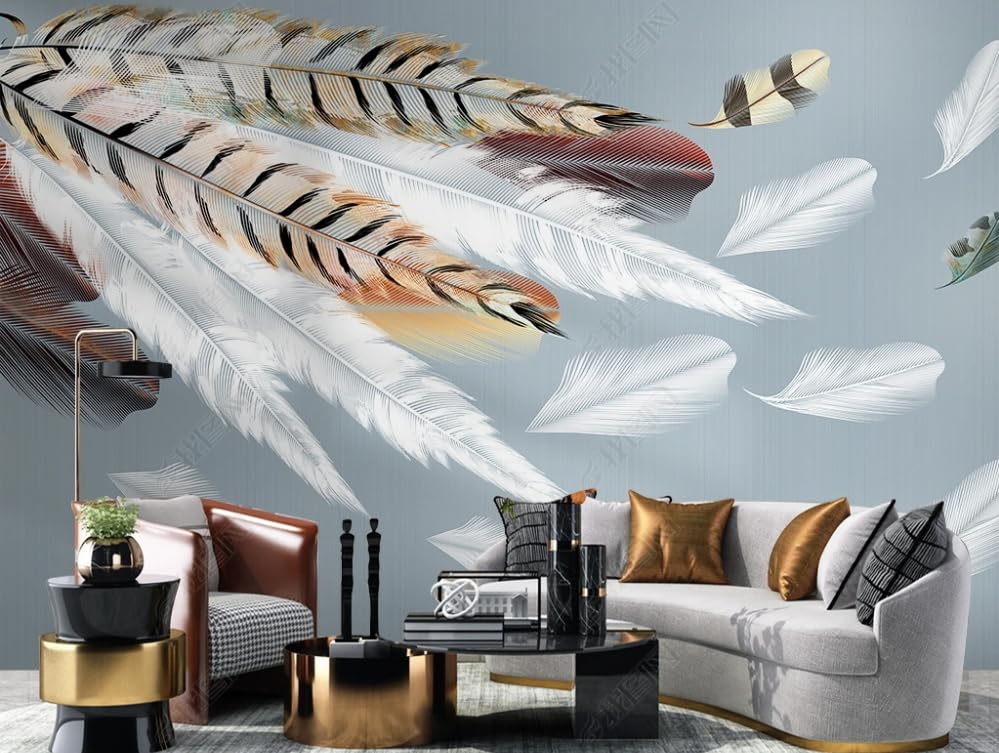 Papier peint intissé 3D pour rénover un mur abîmé avec des plumes colorées