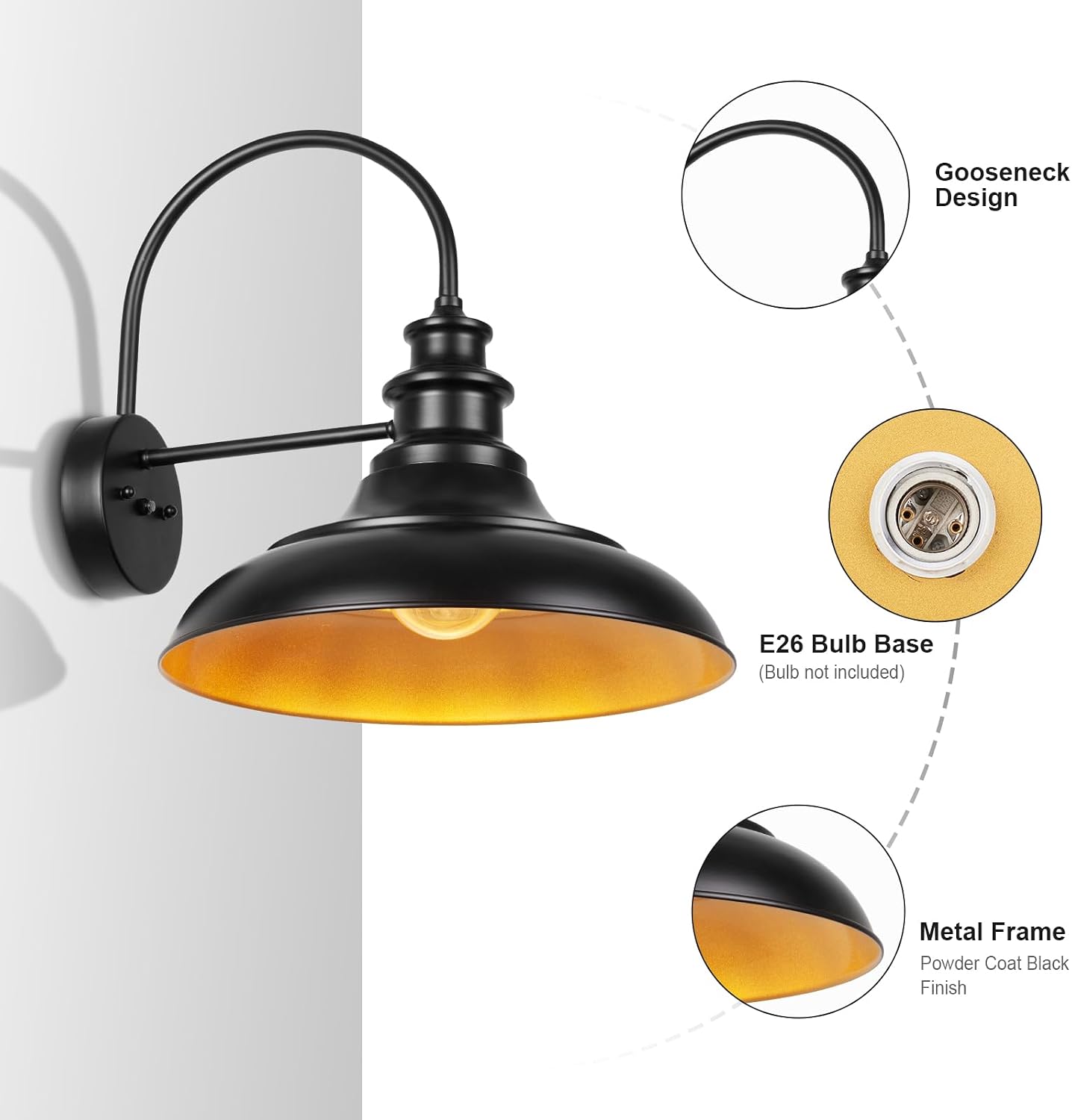 Dusk to Dawn Sensor Outdoor Barn Light Fixtures, 16 Inch Dome Farmhouse Outdoor Wall Sconces, Rustic Exterior Wall Mount Lights, Industrial Black Gold Wall Lanterns for Porch, 2 Pack