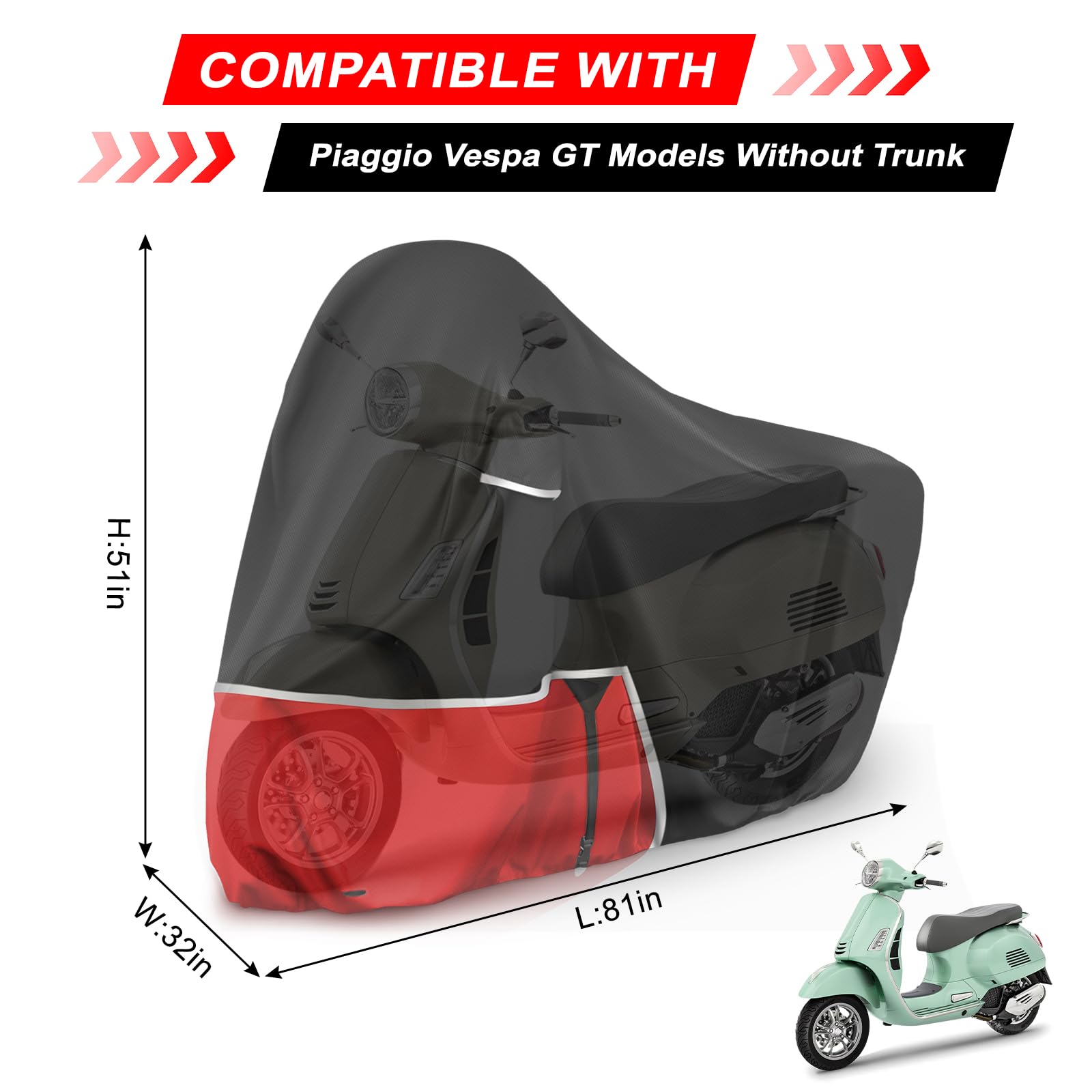 Funda para Moto para Piaggio Vespa GTV GTS GT60/125/200/250/300 (sin Maletero), Tela Oxford 420D Funda Moto Exterior Impermeable Funda Vespa 200 Vespa 125, Negro y Rojo
