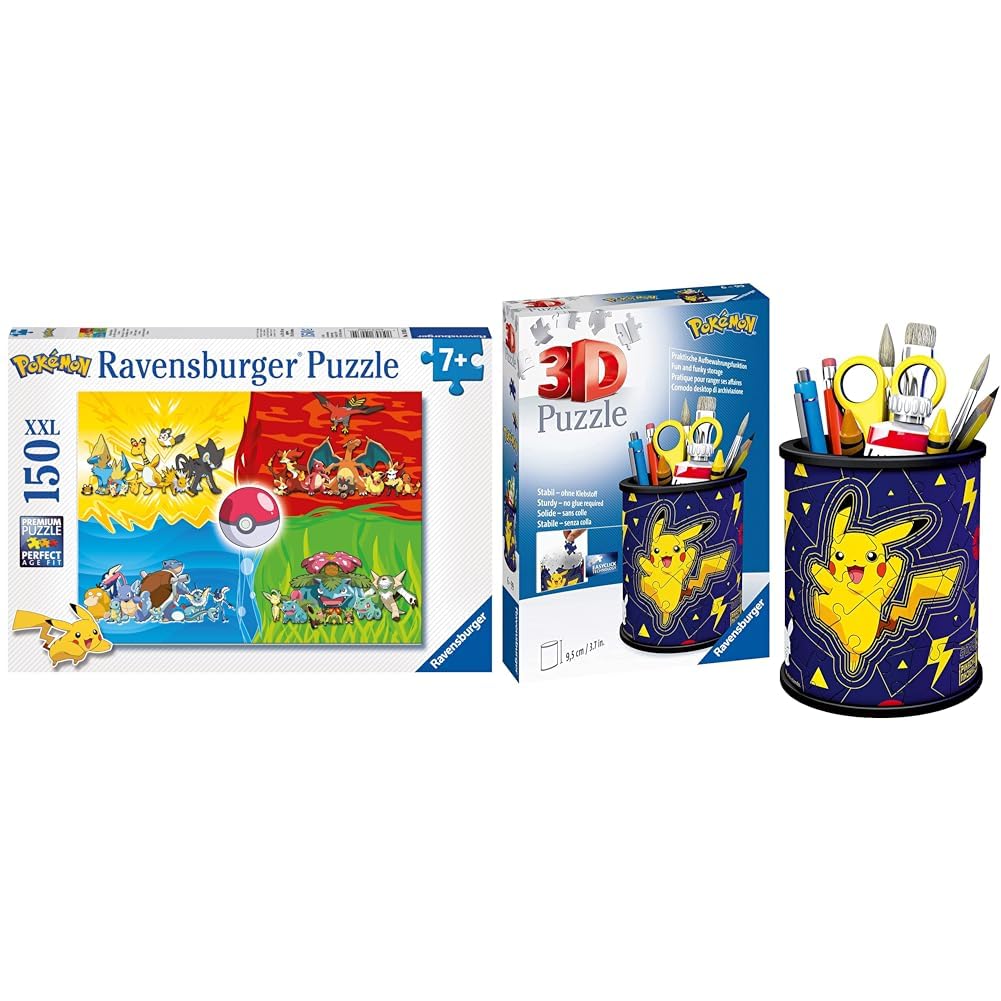 Ravensburger Kinderpuzzle 10035 - Pokémon Typen - 150 Teile XXL Pokémon Puzzle & 3D Puzzle 11257 - Utensilo Pokémon Pikachu - 54 Teile
