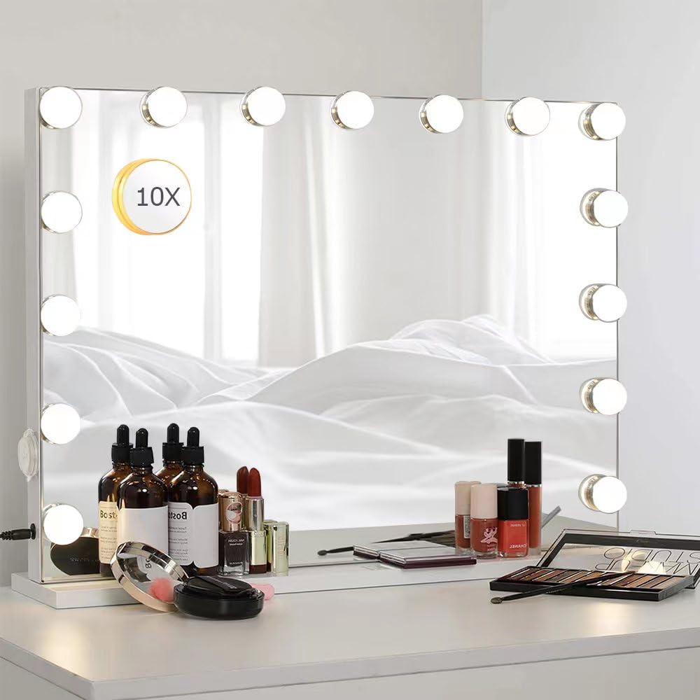 BENDIC 22.8"x 18.1" Vanity Mirror Makeup Mirror with Lights,10X Large Hollywood Lighted Vanity Mirror with 15 Dimmable LED Bulbs,3 Color Modes,Touch Control for Bedroom,Tabletop or Wall-Mounted