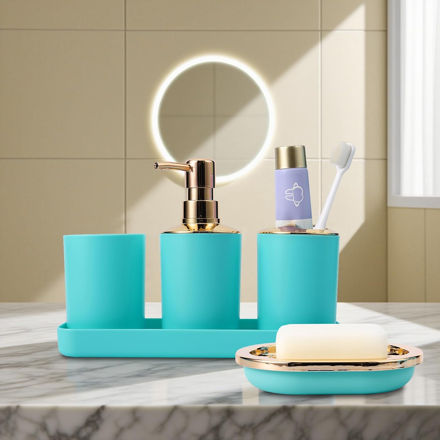 9 Pieces Teal Bathroom Accessories Set Gorgeous Gold Bathroom Set, Trash Can, Toilet Brush, Soap Dispenser, Toothbrush Holder, Soap Dish, Tumber, Qtip Holder, Tray, Sink Countertop Set