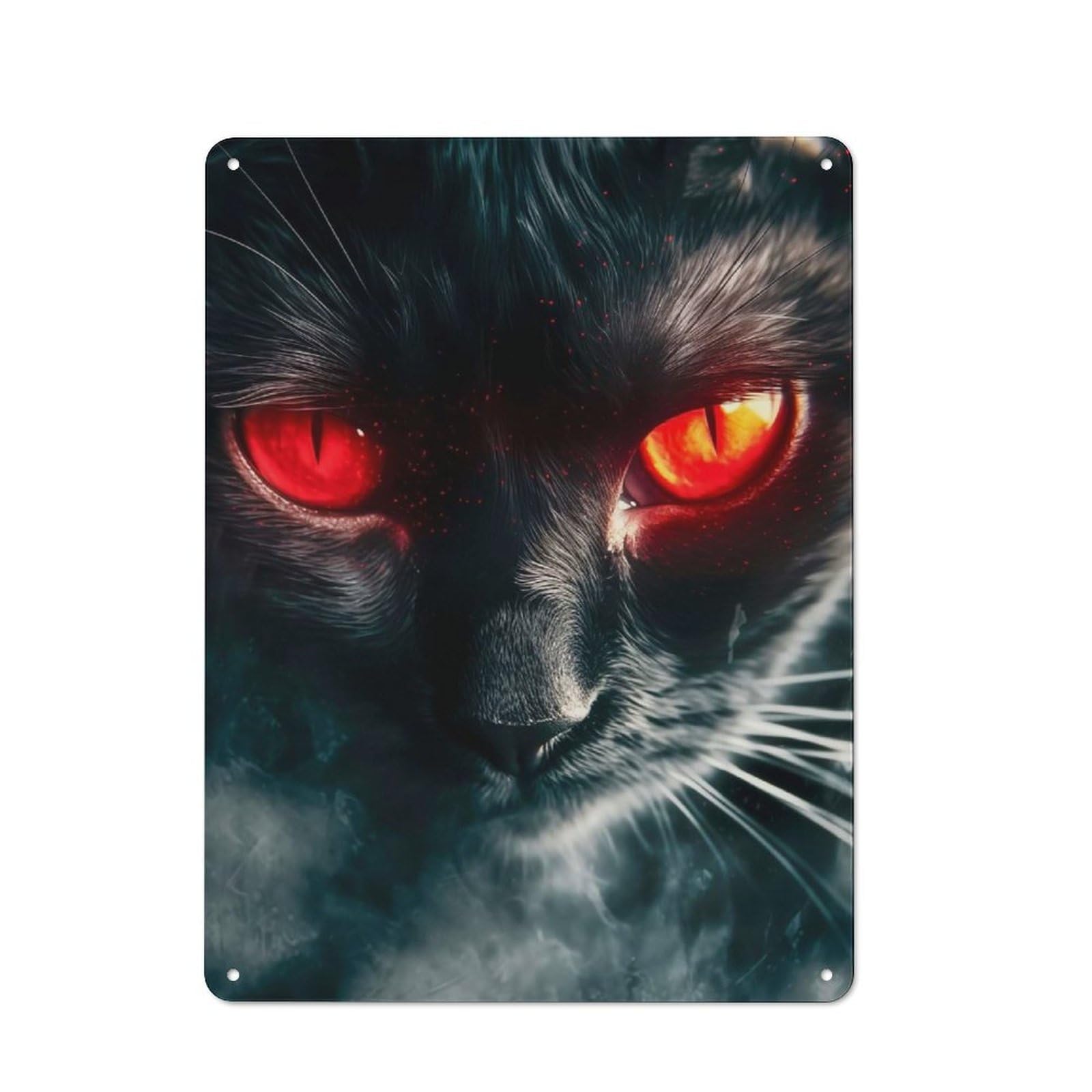 Metal Wall Sign with Red Eyed Feline Design 40x30cm, Weathered Look Workshop Wall Decor for Garage, Hobby Room, Office Or Man Cave